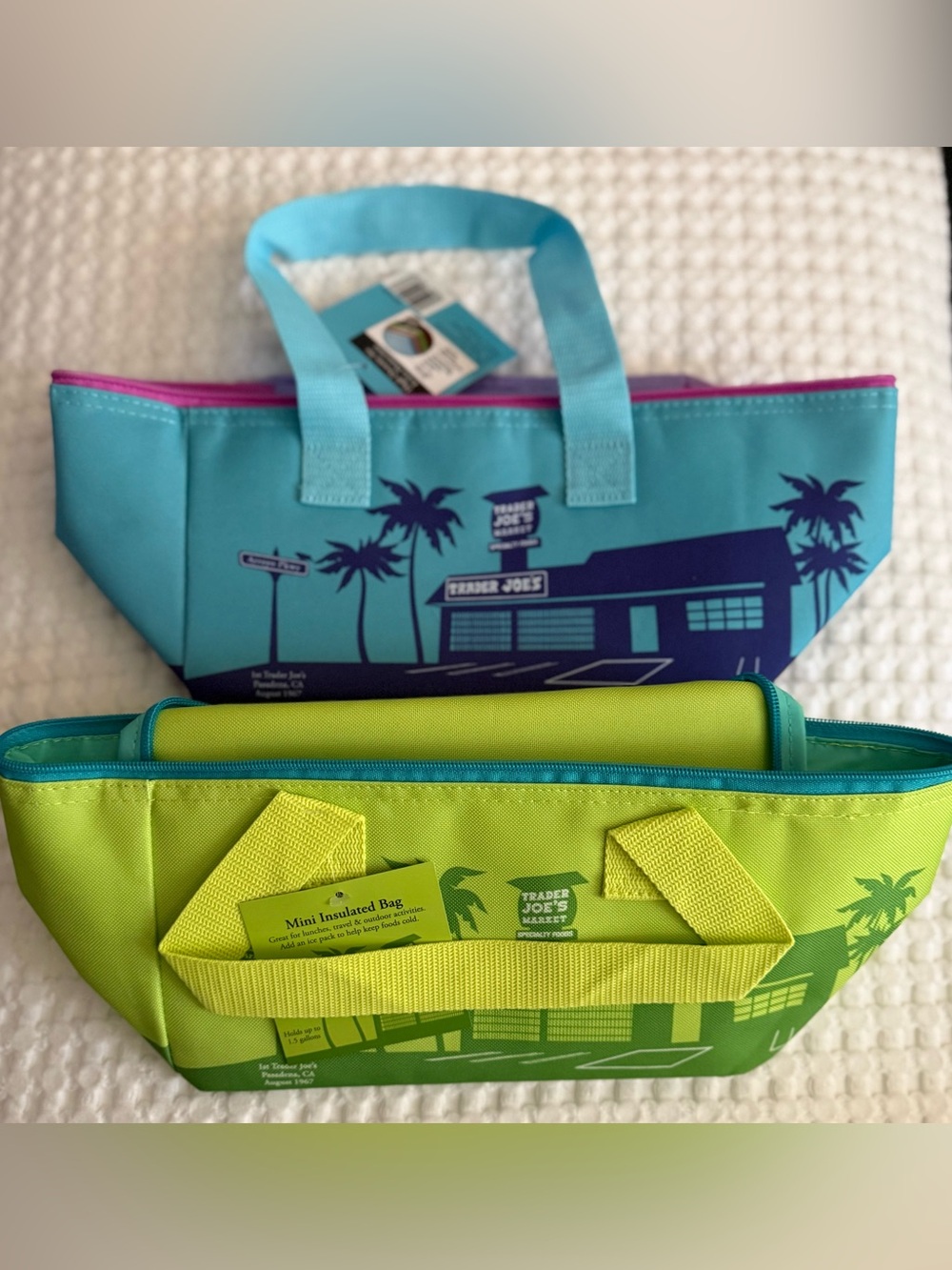 Trader Joe’s Mini Insulated Tote Bag - Aqua & Lime/ Blue & Pink